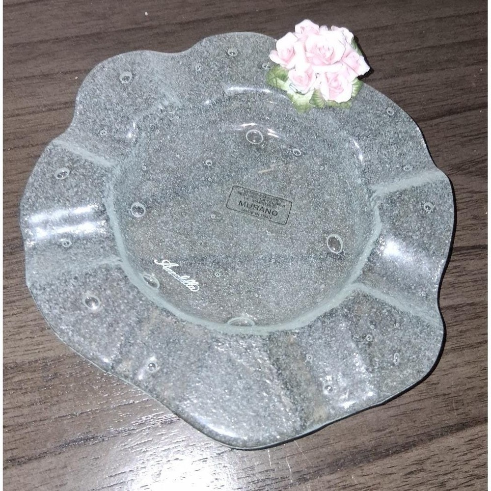 Vintage Murano Style Italian Art Glass Bowl Pink Roses Applied Floral Decoration
